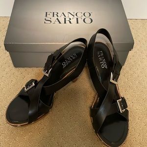 Franco Sarto "L-Sayer" Black Leather Wood Platform Heels | Size 8